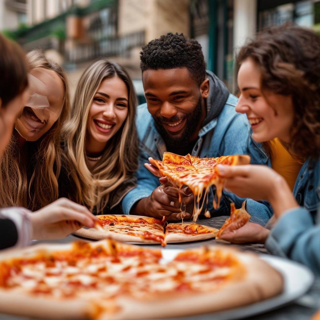 diverse people meeting around pizza