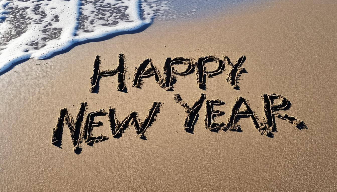 happy new year written in the sand at beach in the PNW