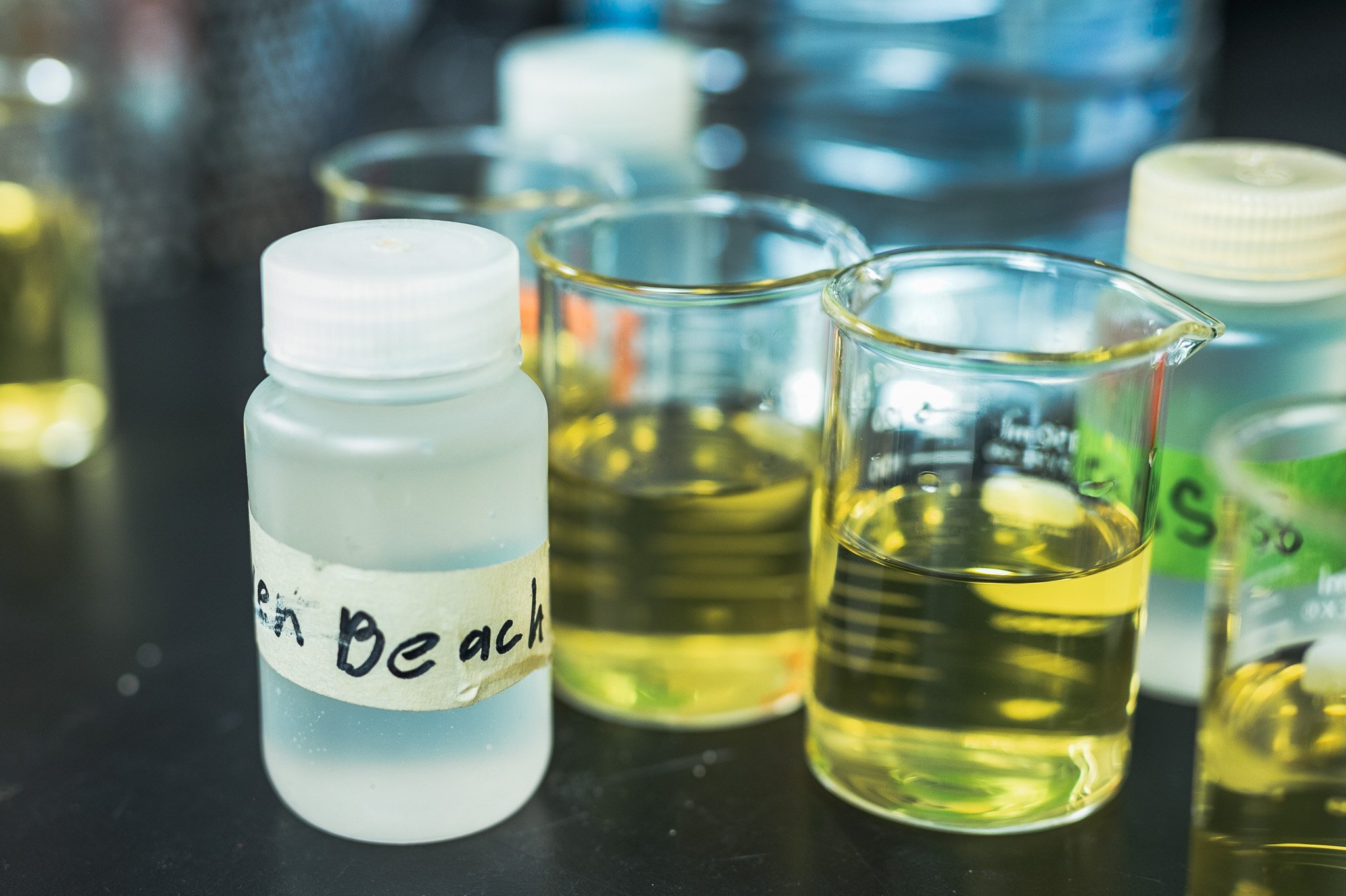 A close view of water samples in a chemistry lab in beakers ready to be tested at the Science and Math Institute Schoo in Tacoma